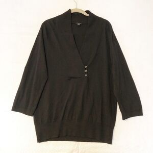 Ann Taylor Black V-Neck Loose Fit Sweater Roll Tab 3/4 Sleeves Shawl Collar XL